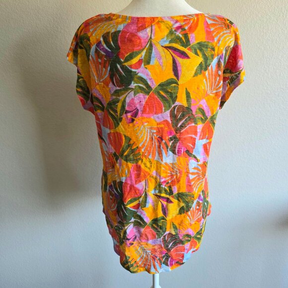NEW C & C California Artsy Tropical Linen Top Bright Colorful Curved Hem Size M - Picture 5 of 8